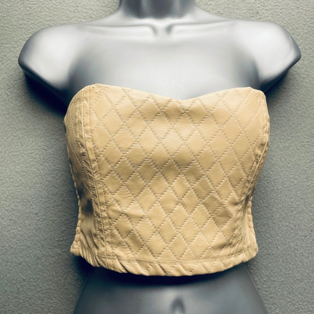 Y2K Body Central Tube Top Womens Small Beige Quilted Faux Leather Clubwear